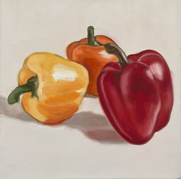 Painting of three peppers: yellow, orange, and red, on a light background.