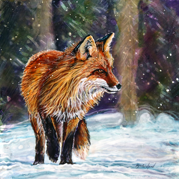 Painting of a fox standing in a snowy forest