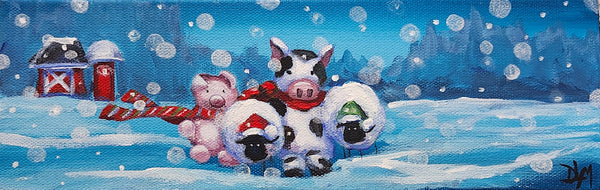 Three cartoon pigs in winter clothing with a snowy landscape and barn in the background.