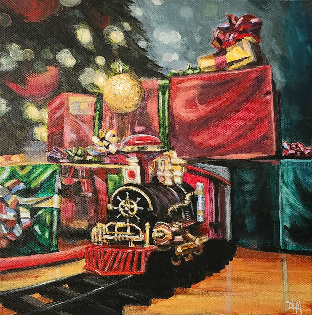 a toy train under a christmas tree with gifts