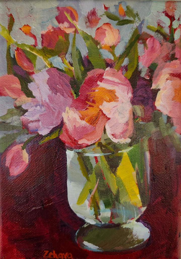 Painting of pink flowers in a glass vase on a red background
