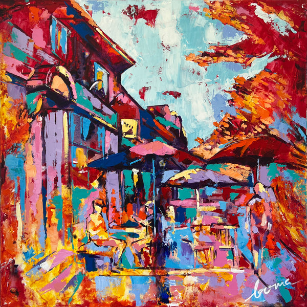 Colorful abstract painting of a street scene with buildings and people.