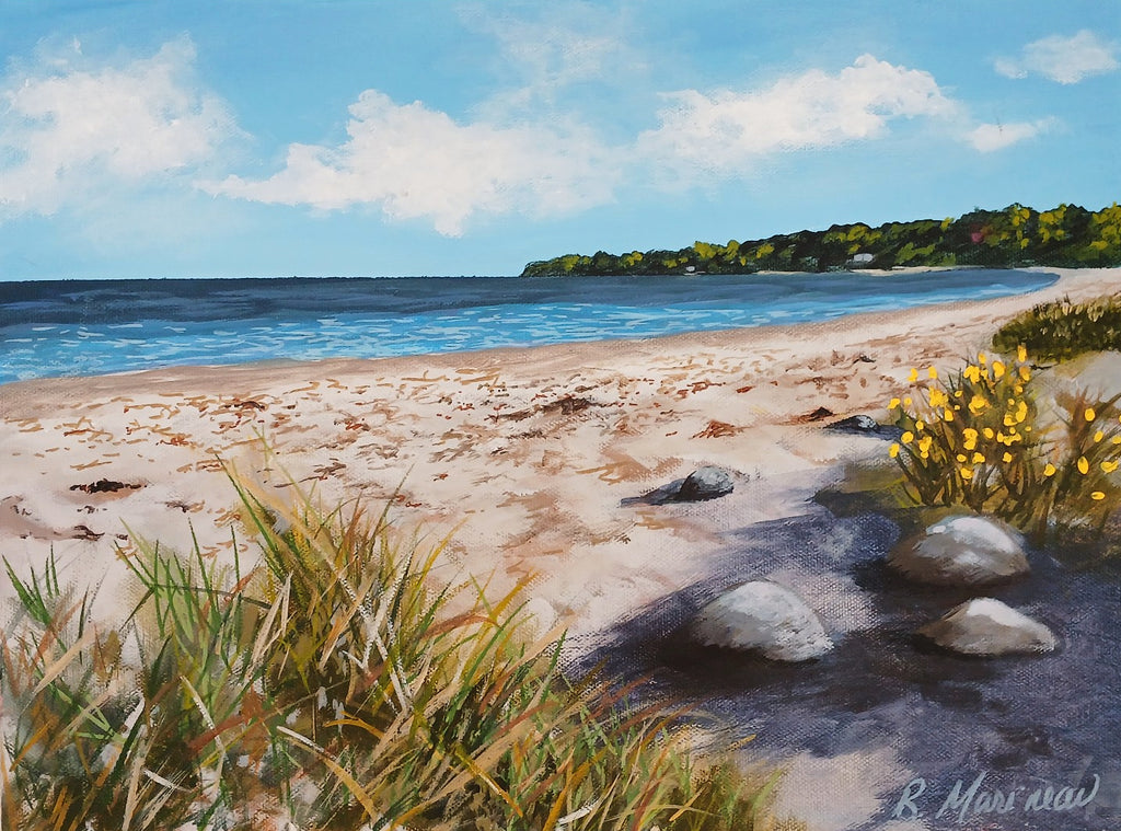 Painting of a beach scene with sand, water, and vegetation.