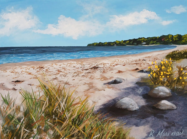 Painting of a beach scene with sand, water, and vegetation.