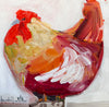 Painting of a rooster with vibrant colors on a white background