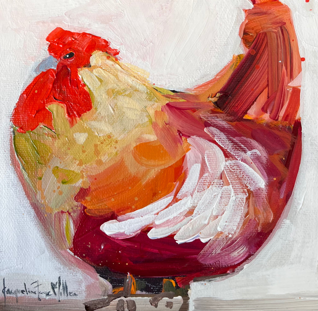 Painting of a rooster with vibrant colors on a white background