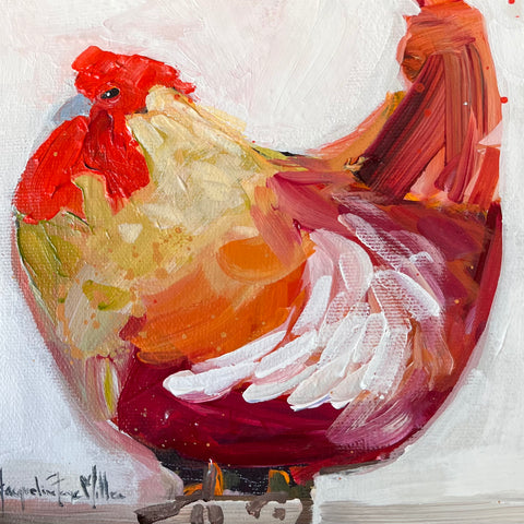 Painting of a rooster with vibrant colors on a white background