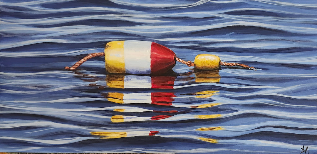 Colorful buoy floating on water with wavy background
