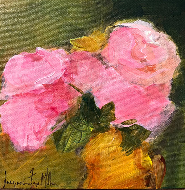 Painting of pink flowers and a yellow fruit on a dark background