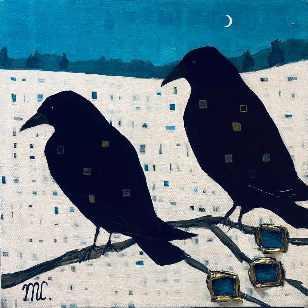 Two black birds on a branch with a textured background and moon in the sky