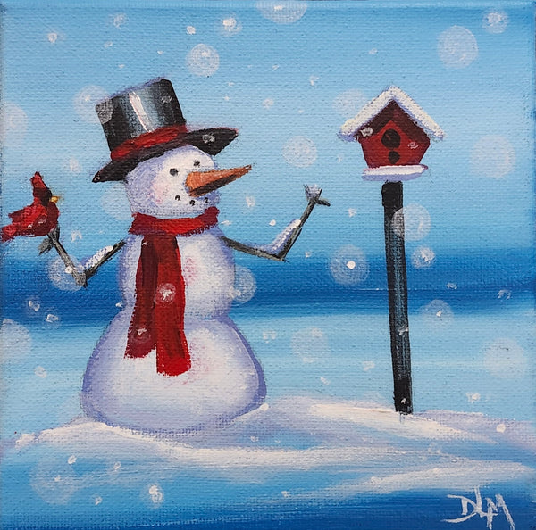 Painting of a snowman with a top hat, scarf, and birdhouse against a snowy background.