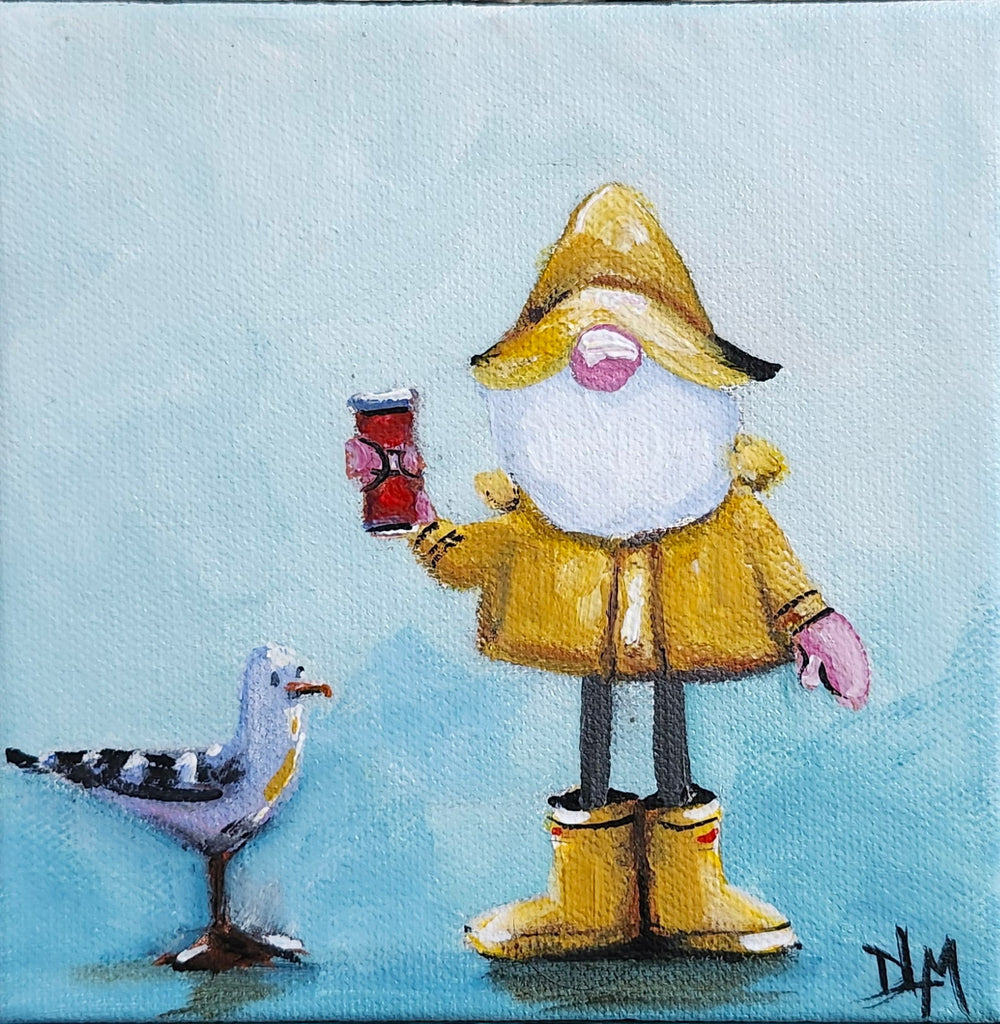Painting of a gnome in a yellow raincoat holding a red hourglass next to a seagull on a light blue background.