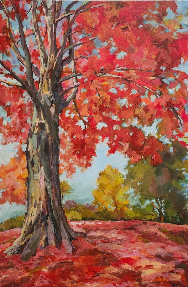 Painting of a tree with red leaves in an autumn landscape