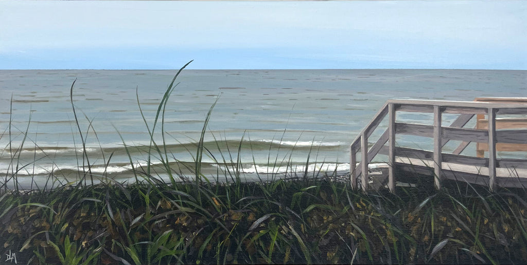Painting of a coastal scene with grass, a wooden fence, and the ocean.