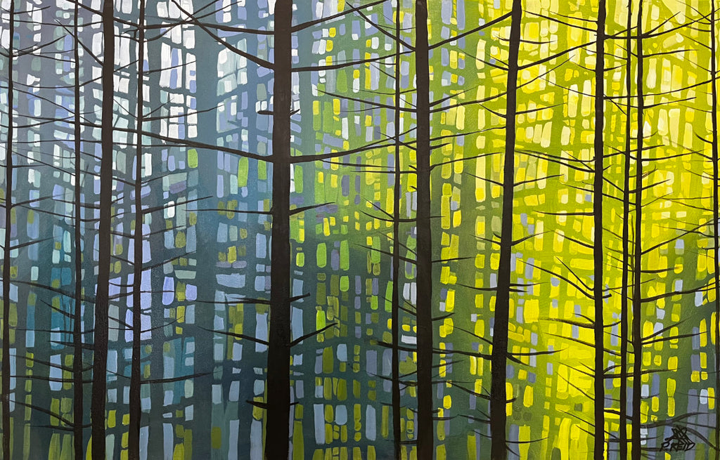 Artistic depiction of a forest with tall trees in blue, green, and yellow hues.