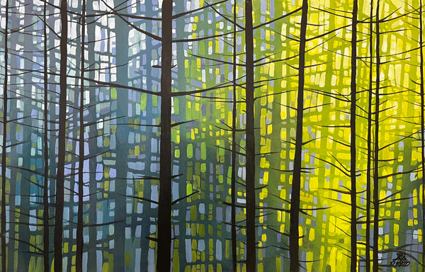 Artistic depiction of a forest with tall trees in blue, green, and yellow hues.