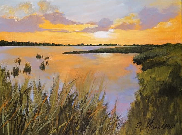 Painting of a sunset over a calm body of water with grasses in the foreground.