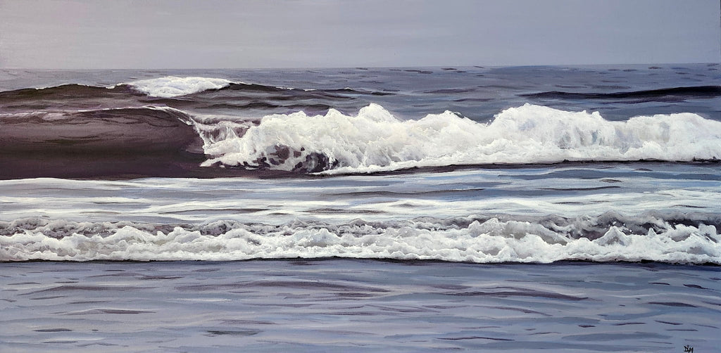Painting of ocean waves crashing onto a shore with a gray sky.