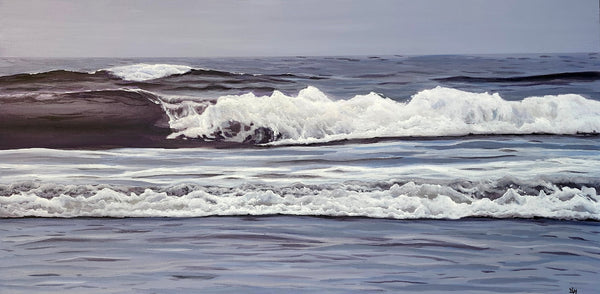 Painting of ocean waves crashing onto a shore with a gray sky.