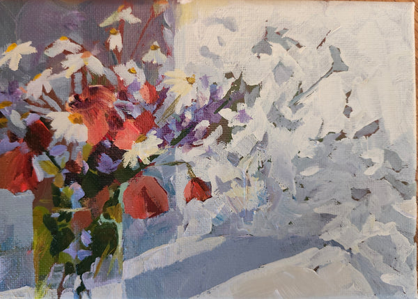 Artistic depiction of flowers with a snowy background