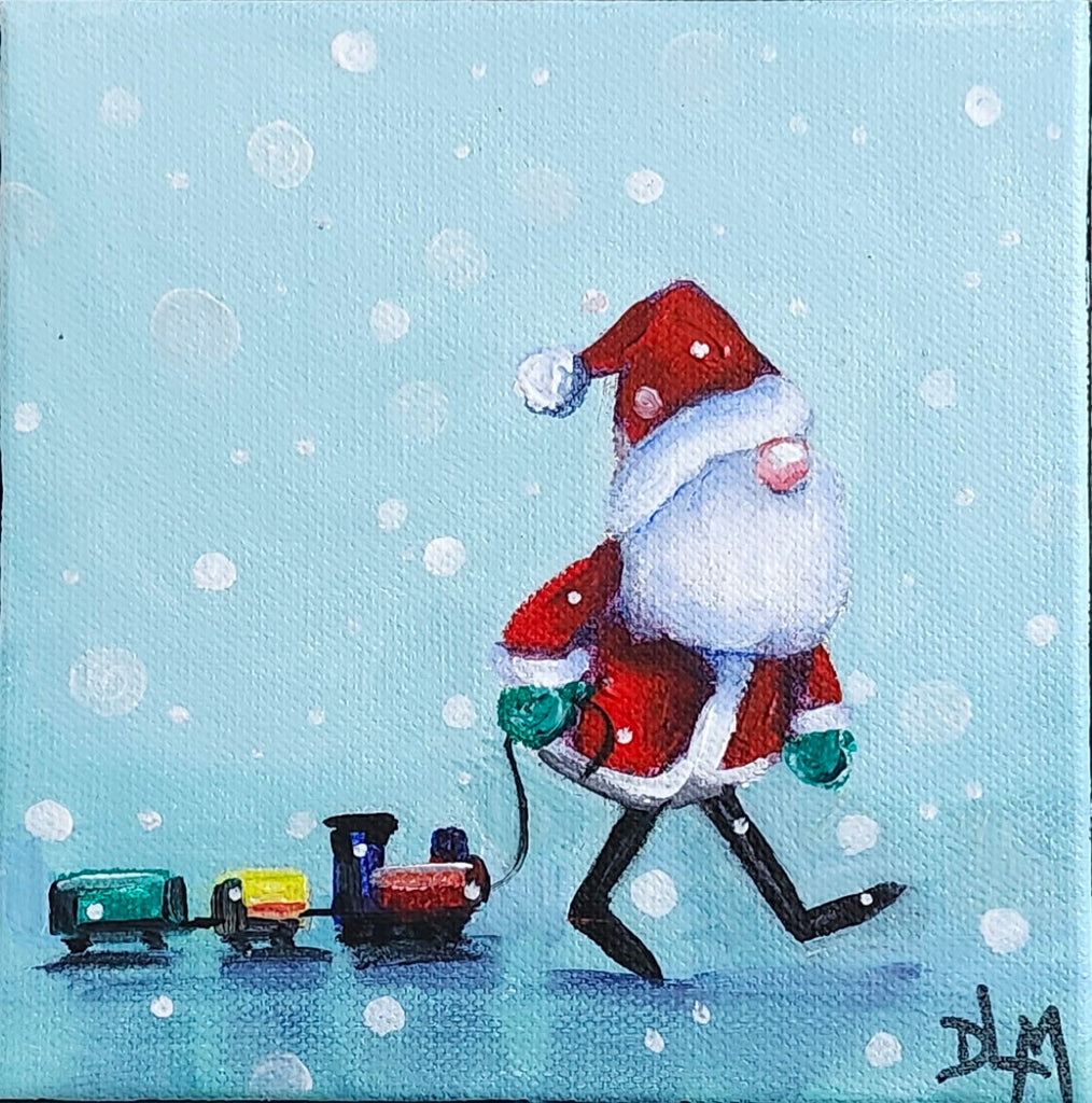 Painting of Santa Claus with a toy train on a blue snowy background