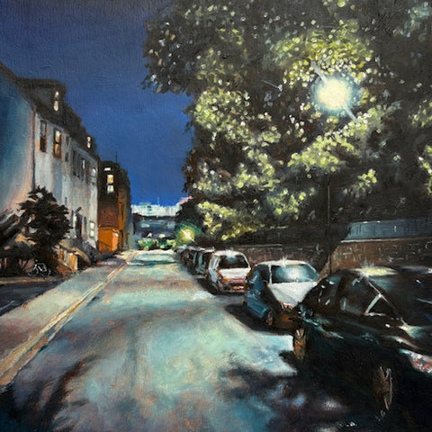 Painting of a street scene at night with cars parked along the side and a tree casting shadows.