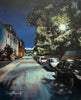 Painting of a street scene at night with cars parked along the side and a tree casting shadows.