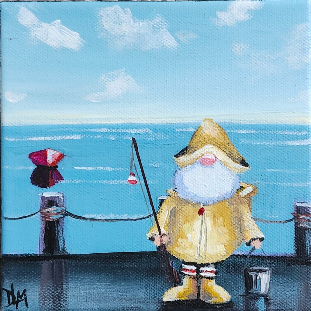 Painting of a gnome in a yellow raincoat fishing on a dock with a blue sky and ocean background.