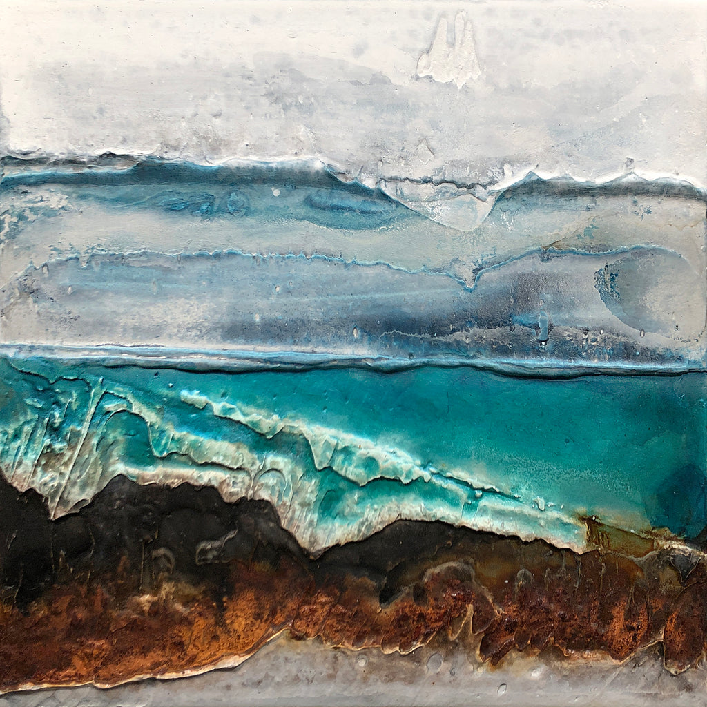 mixed media teal and rust depiction of a shoreline