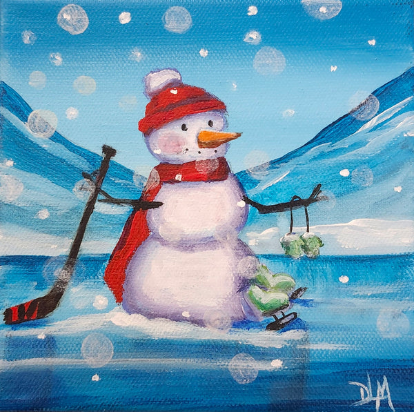 Painting of a snowman with a hockey stick and skates on a snowy background