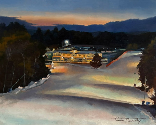 An impressionistic painting of a snowy mountain lodge at dusk, with illuminated buildings, dark trees, and a blue-gray sky with warm sunset tones near the horizon.