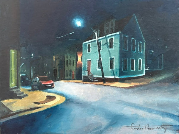 An impressionistic painting of a quiet nighttime street scene with a pale blue house, dark streetlights, parked cars, and a bright moon in the sky.
