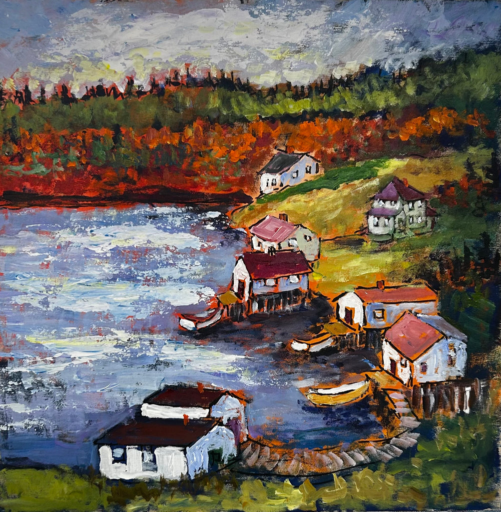 Painting of a lakeside village with houses and boats, surrounded by autumn foliage.