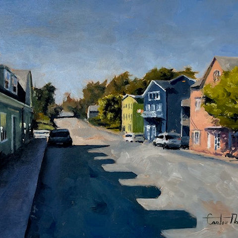 Painting of a street scene with houses and cars