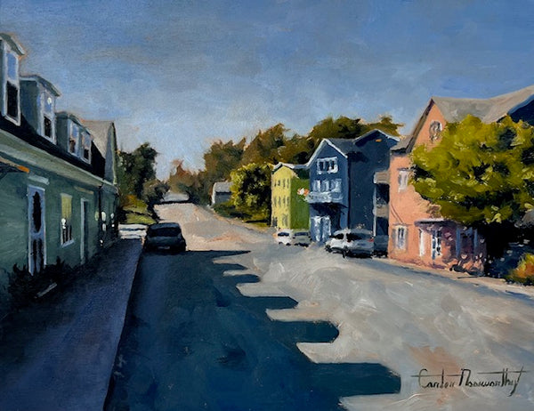 Painting of a street scene with houses and cars