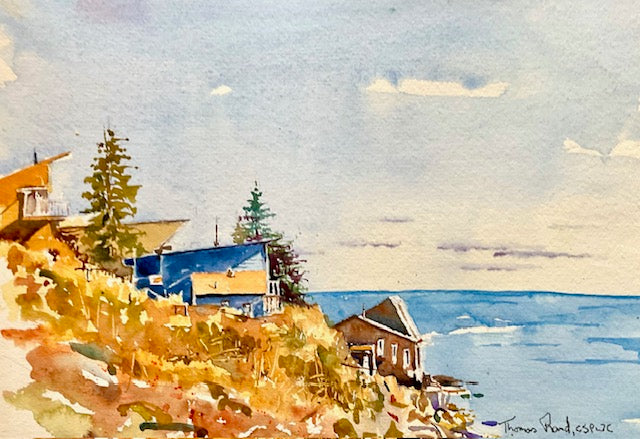 Watercolor painting of a coastal scene with houses and trees.
