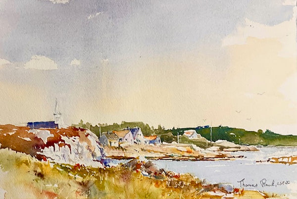 Watercolor painting of a coastal scene with houses and cliffs.