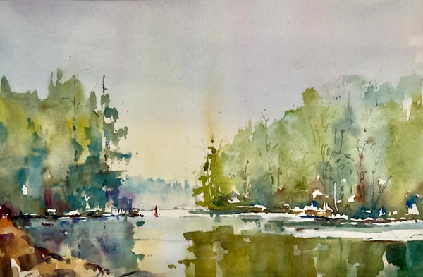 Watercolor painting of a serene lake scene with trees and a rainbow.