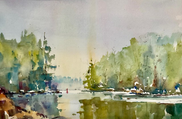 Watercolor painting of a serene lake scene with trees and a rainbow.