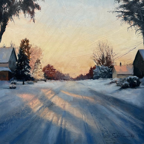 Snowy street with houses and trees at sunset