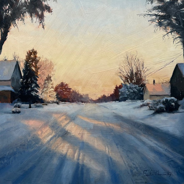 Snowy street with houses and trees at sunset
