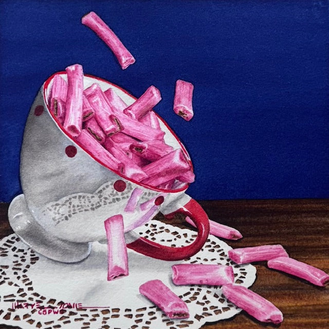 Still life painting of pink candy sticks spilling out of a silver teacup on a blue background.