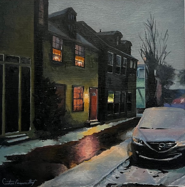 Painting of a street scene at night with a car parked on the side.