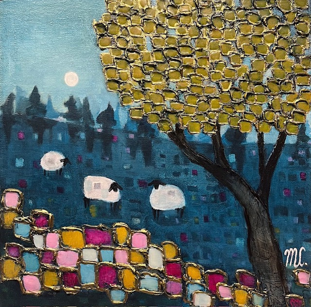 Painting of sheep under a tree with a colorful fence and moonlit sky.