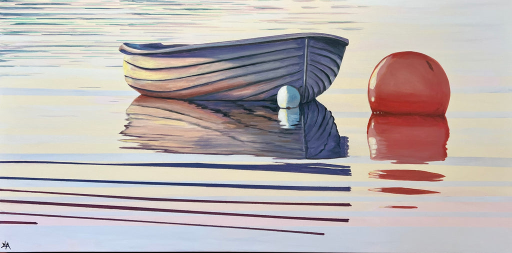 Painting of a boat and a ball on a reflective surface