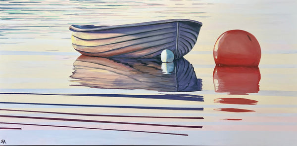 Painting of a boat and a ball on a reflective surface