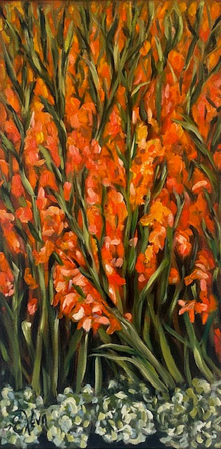 Painting of orange flowers with green stems on a dark background