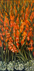 Painting of orange flowers with green stems on a dark background
