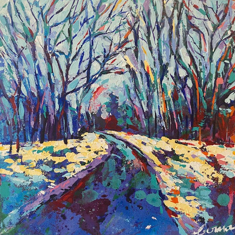 Colorful abstract painting of a forest path