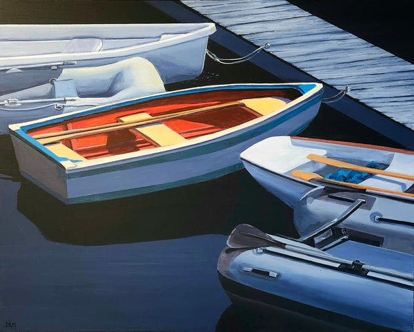 Three rowboats on a dock with oars, painted in a realistic style.